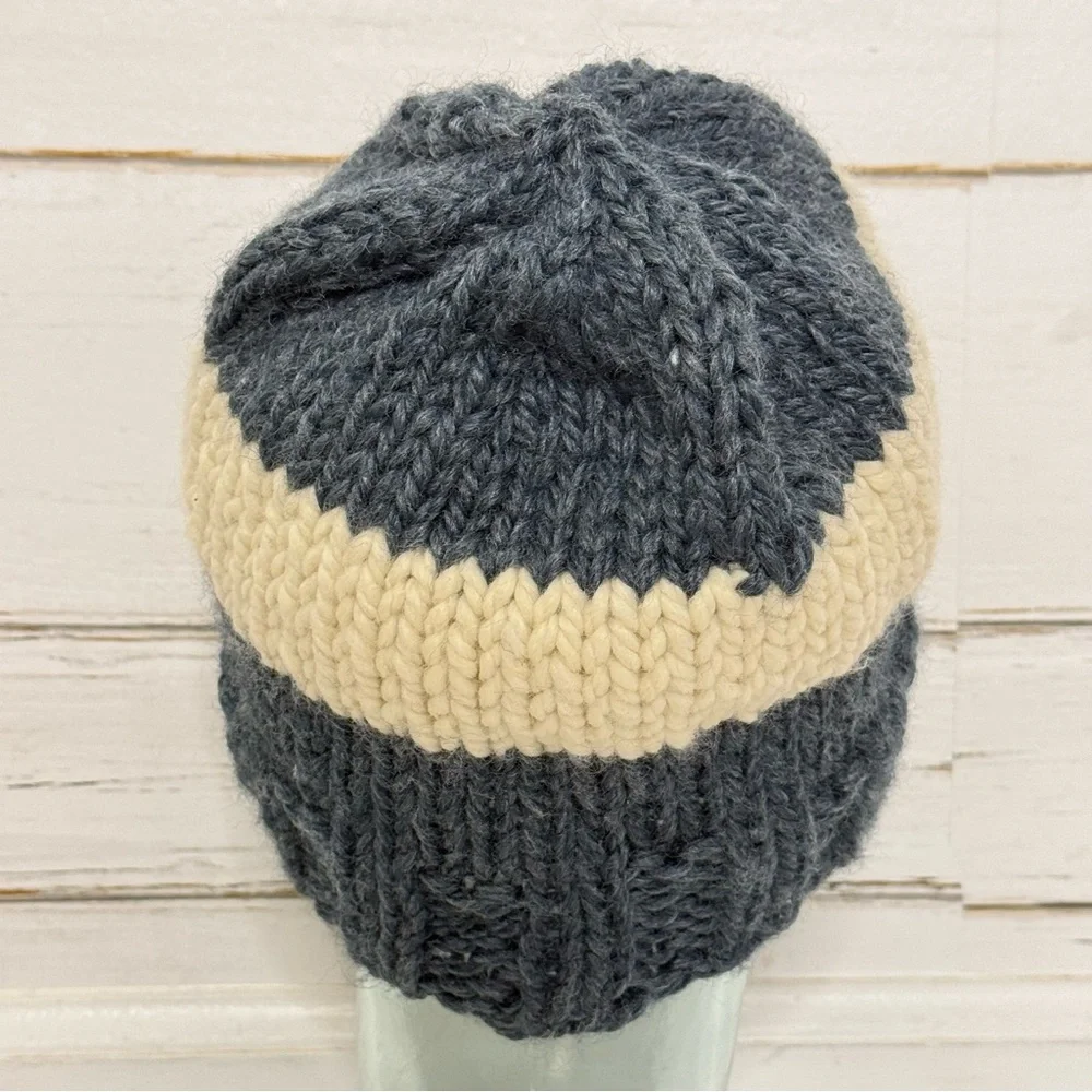 Handmade Knit Beanie – Blue & Cream Stripe